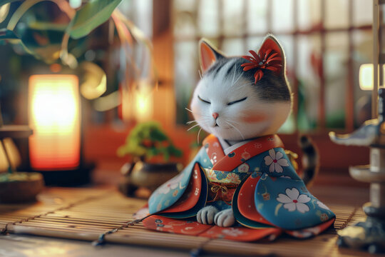 Cute and elegant cat geisha in 3D, simple backdrop with sakura cherry blossom in spring