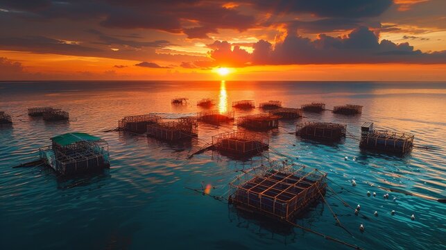 Sea fish farm nets. Cages for fish farming sea