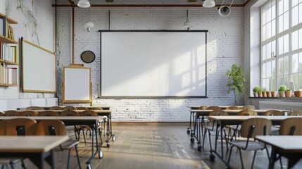 A modern classroom interior with a clean white projector screen, exposed brick walls, and large windows providing abundant natural light. - obrazy, fototapety, plakaty