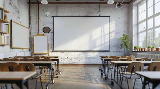 A modern classroom interior with a clean white projector screen, exposed brick walls, and large windows providing abundant natural light.