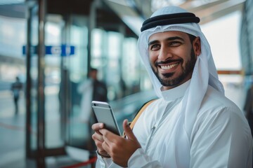 A middle eastern man in a white outfit smiles as he stands near the airport terminal entrance, using a cell phone.