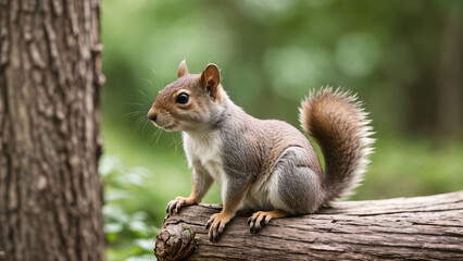 Portrait of a gray squirrel sitting on a log in a park. Generative AI.