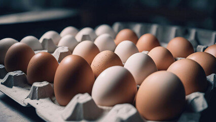 Chicken eggs in a carton box on a wooden table. Generative AI.