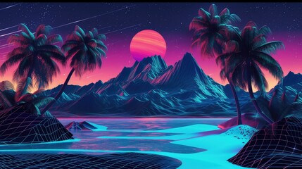 Palm Tree and Sunset, 80's Retrowave Background 3D Rendering - obrazy, fototapety, plakaty