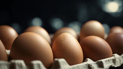 Eggs in a cardboard box on a dark background. Generative AI.