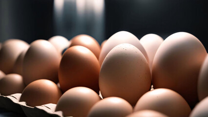 Chicken eggs in a carton box on a wooden table. Generative AI.