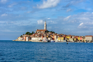 nice view of the sunny city of Rovinj with the adriatic sea and boats