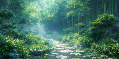 A tranquil stone path winds through a dense bamboo forest, with ethereal sunrays filtering through the misty air..
