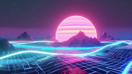 Vaporwave sunset, 80s synthwave styled landscape with sea, palm trees and sun.