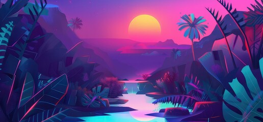 Vaporwave sunset, 80s synthwave styled landscape with sea, palm trees and sun.