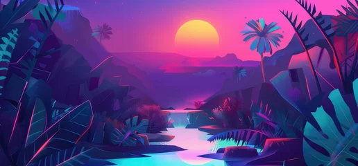 Tuinposter Vaporwave sunset, 80s synthwave styled landscape with sea, palm trees and sun. © Suwanlee