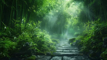 Zelfklevend Fotobehang A tranquil stone path winds through a dense bamboo forest, with ethereal sunrays filtering through the misty air.. © bajita111122