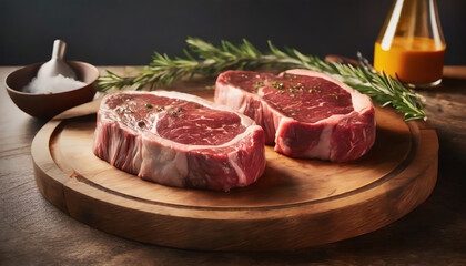 Fototapeta premium Two raw rib eye steaks on wooden board. Food prepared for grill. Tasty and organic.