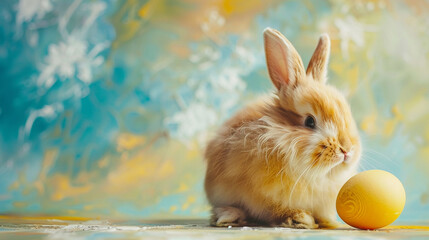 Fototapeta na wymiar Fluffy yellow Easter bunny with egg