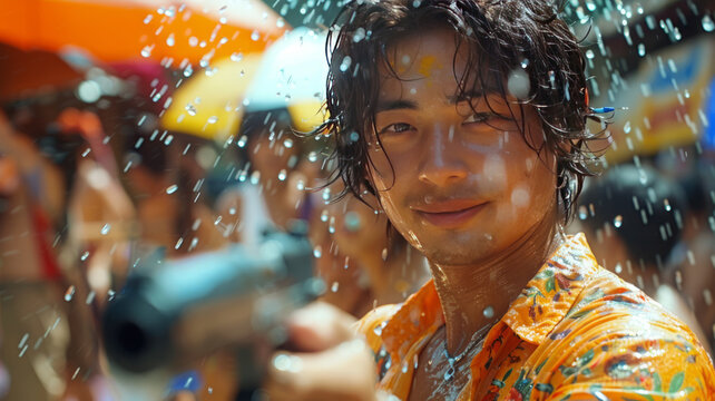 Asian man with water gun wearing summer shirt in Songkran festival (water festival), Thailand.generative ai
