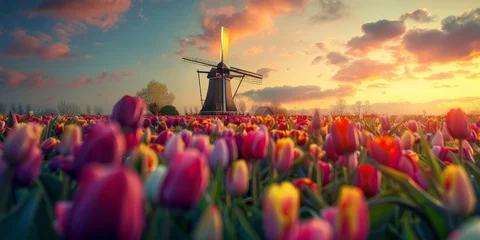 Foto op Canvas Traditional Dutch windmill stands tall surrounded by vibrant tulip fields under a soft dawn sky in the Netherlands.. © bajita111122