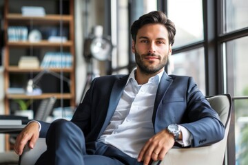 Fototapeta premium A man is sitting in a chair in front of a window, looking outside.