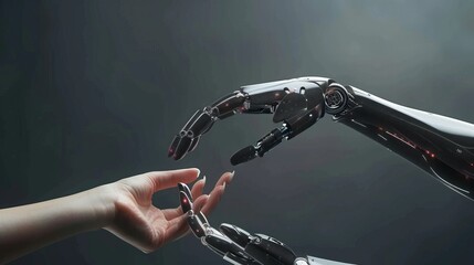 Robot gives a hand to a woman. Two hands in offer position. Artificial intelligence conceptual business design