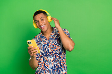 Photo of attractive nice man meloman wear stylish clothes enjoy songs playlist stereo audio...