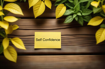  Self-love affirmation to boost self-esteem, overcome negative thought, anxiety, stress, loneliness, depression, positive. Yellow note on wooden table with text Self confidence,  inspirational quotes.