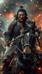 Epic scene: Goryeo general, mounted soldier, smoke, fireworks.generative ai