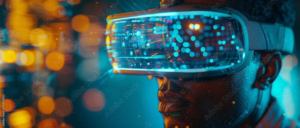 Leinwandbilder an individual in a vr headset or 3d glasses in virtual reality looks through a holographic interface
