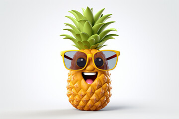 Quirky cartoonish pineapple character, with sunglasses and a happy expression, against a pristine white background, exuding tropical vibes and cheerfulness.