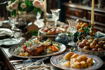 Obraz premium A classic dining table set with a succulent roasted chicken, sides of vegetables and bread, crystal glassware, and candlelight, creating an inviting and elegant meal ambiance..