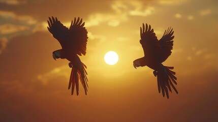 Naklejka premium The silhouette of two parrots in flight, wings spread wide, against the radiant backdrop of a setting sun.