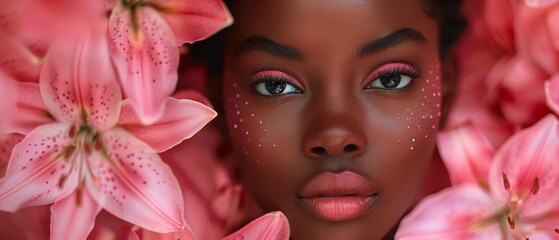 Beauty portrait of young African American model wearing pink art make up and posing with lily flowers against pink background.