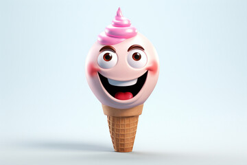 Quirky cartoonish ice cream cone character, smiling against a blank white canvas, promising a delightful treat.