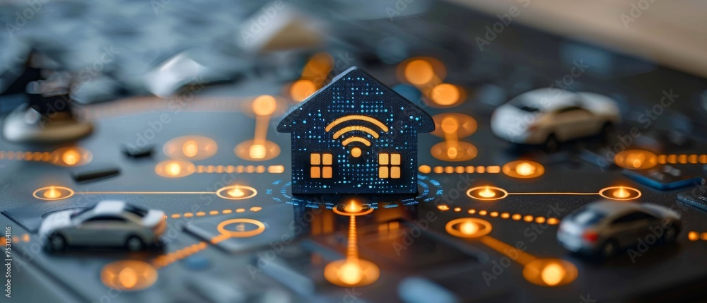 Fototapete This iot icon contains a wireless connection symbol and a network of tech devices. It represents the Internet of Things and is a symbol of the connection between all the things on the internet. The