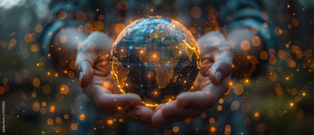 Leinwandbilder An image of an Internet of Things (IOT) dashboard with AR (Augmented Reality). A businessman showing a globe of the world. 