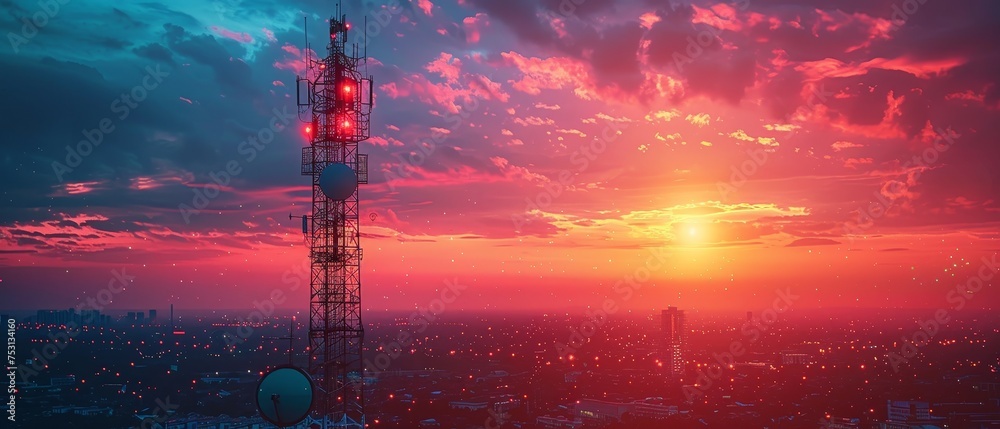Poster mobile internet communication network on a 5g tower. wireless broadband antenna transmitting a telec