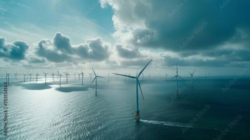Aufkleber coastal windmill park flevoland netherlands ijsselmeer. aerial view of a windmill park in the ocean 
