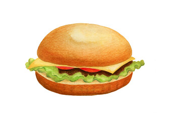 Watercolor hamburger on white background. 
