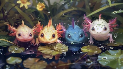 A whimsical artwork of cheerful axolotls, with a play of light and shadow, in a lush water garden setting.