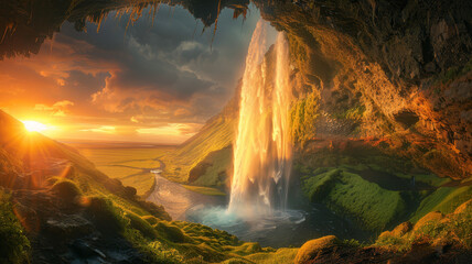 A breathtaking sunset view cascading over a lush, vibrant waterfall surrounded by rich greenery..