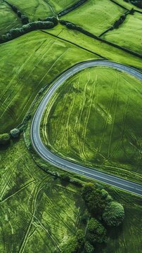 Bird's eye view of rural road passing through agricultural land and green fields. Ukrainian agrarian region, Europe. Picturesque wallpaper. Aerial photography. AI generated illustration