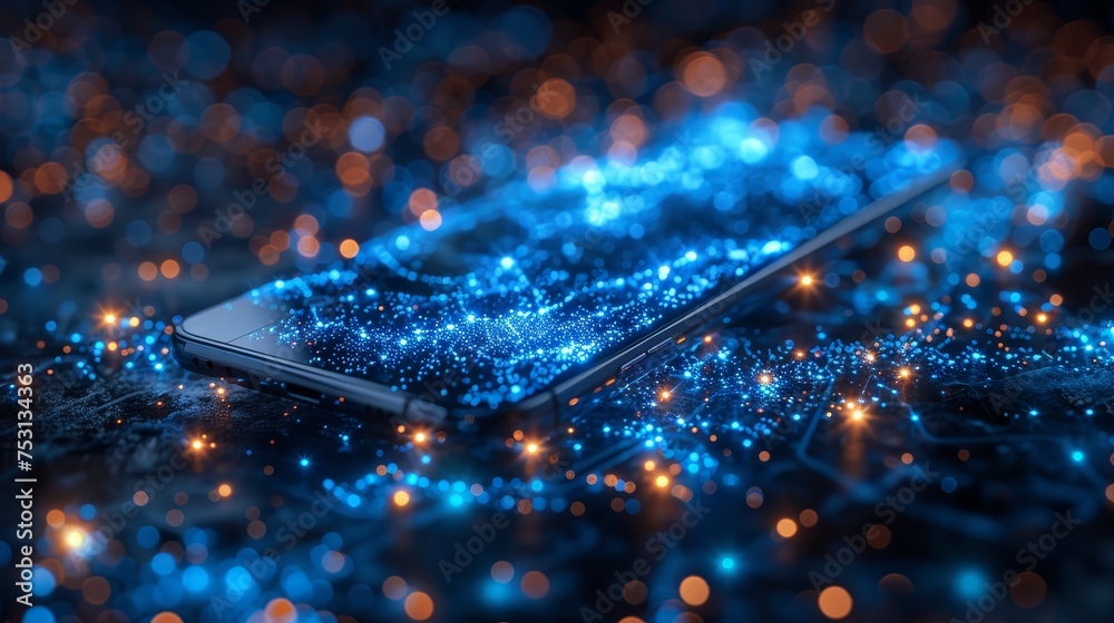 Aufkleber isolated on a dark background, technology 2021 concept with mobile phone. concept vision technology 