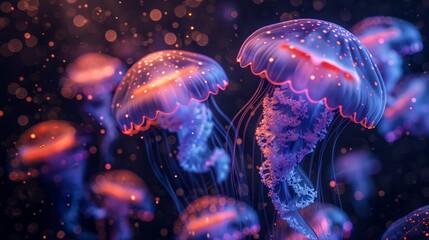 A stunning visual of jellyfish with a bioluminescent glow against a dark oceanic backdrop.