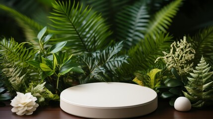 Round white podium mockup with green eco forest and fresh leaves nature flat lay background for natural organic cosmetic product presentation ad concept, trendy stylish minimalist flatlay layout