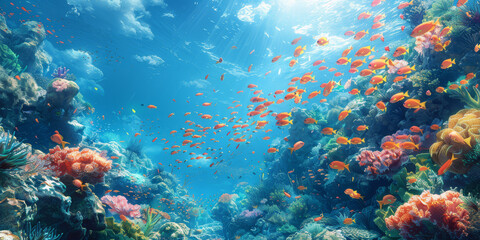 Naklejka na ściany i meble A colorful underwater scene featuring a diverse array of tropical fish swimming among coral reefs..