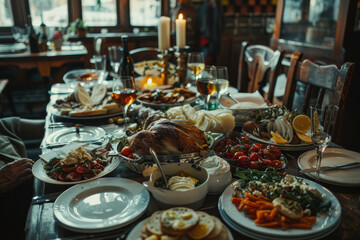 Fototapeta premium A classic dining table set with a succulent roasted chicken, sides of vegetables and bread, crystal glassware, and candlelight, creating an inviting and elegant meal ambiance..