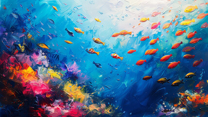 Obraz na płótnie Canvas A colorful underwater scene featuring a diverse array of tropical fish swimming among coral reefs..