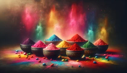 Poster Holi celebration background with bowls of colorful powder. © Milano