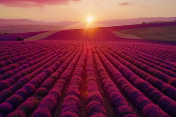 Fototapeta premium The warm sunset bathes purple lavender fields in a soft, enchanting light, highlighting the beauty of the floral landscape..
