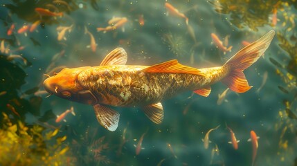 A solitary golden koi fish glides gracefully through the dappled sunlight of a peaceful, verdant pond setting.