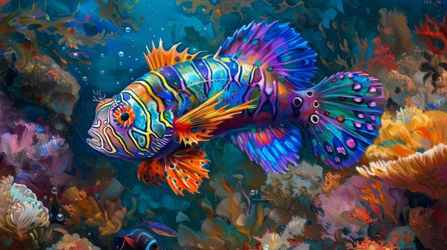 This vibrant digital artwork captures the essence of a mandarinfish with an explosion of colors in an abstract underwater setting.