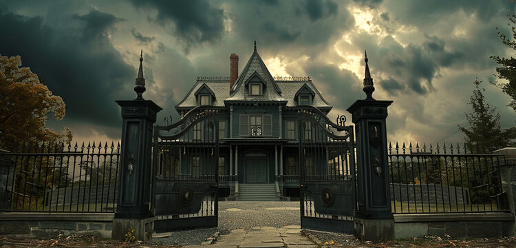 A 2-story 19th-century house in Tremont under a stormy sky, its dramatic dark gray walls and light gray gable roof standing bold and proud behind a classic wrought iron gate